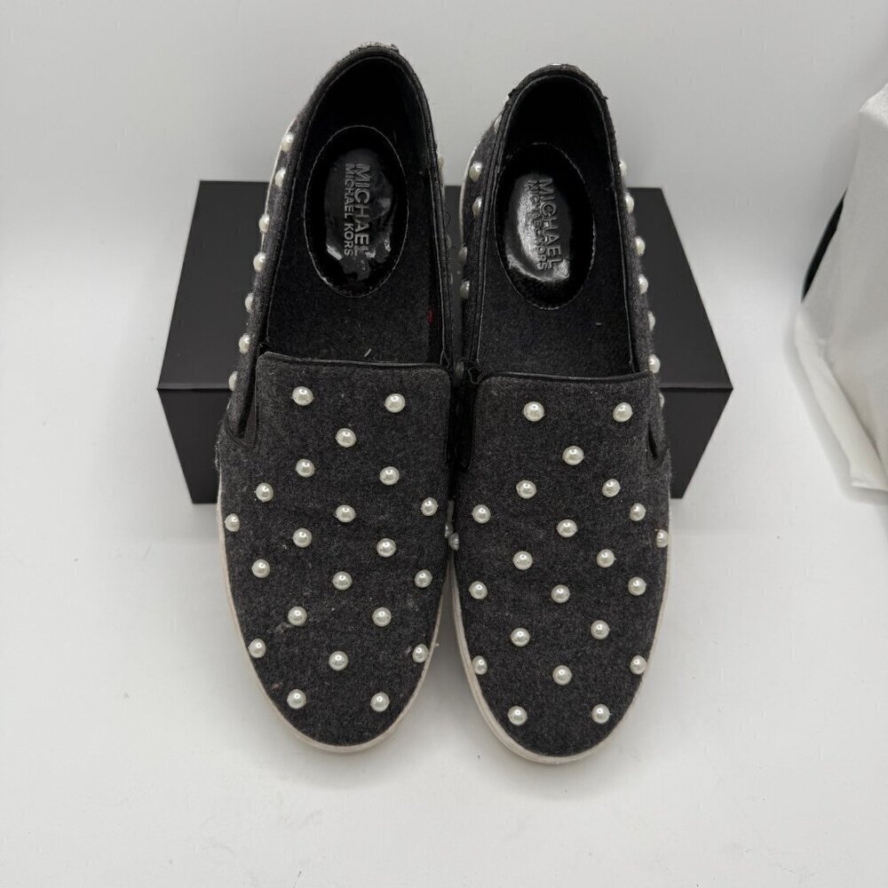 Michael Kors Keaton Sneakers Womens 8.5M Black Embellished Flannel Slip-On Shoes